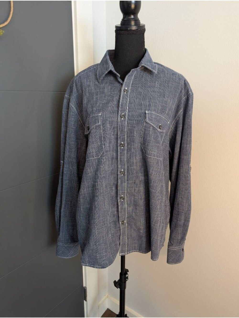 J. Campbell Los Angeles Mens Blue 100% Cotton Check Long Sleeve Button-Down - XL